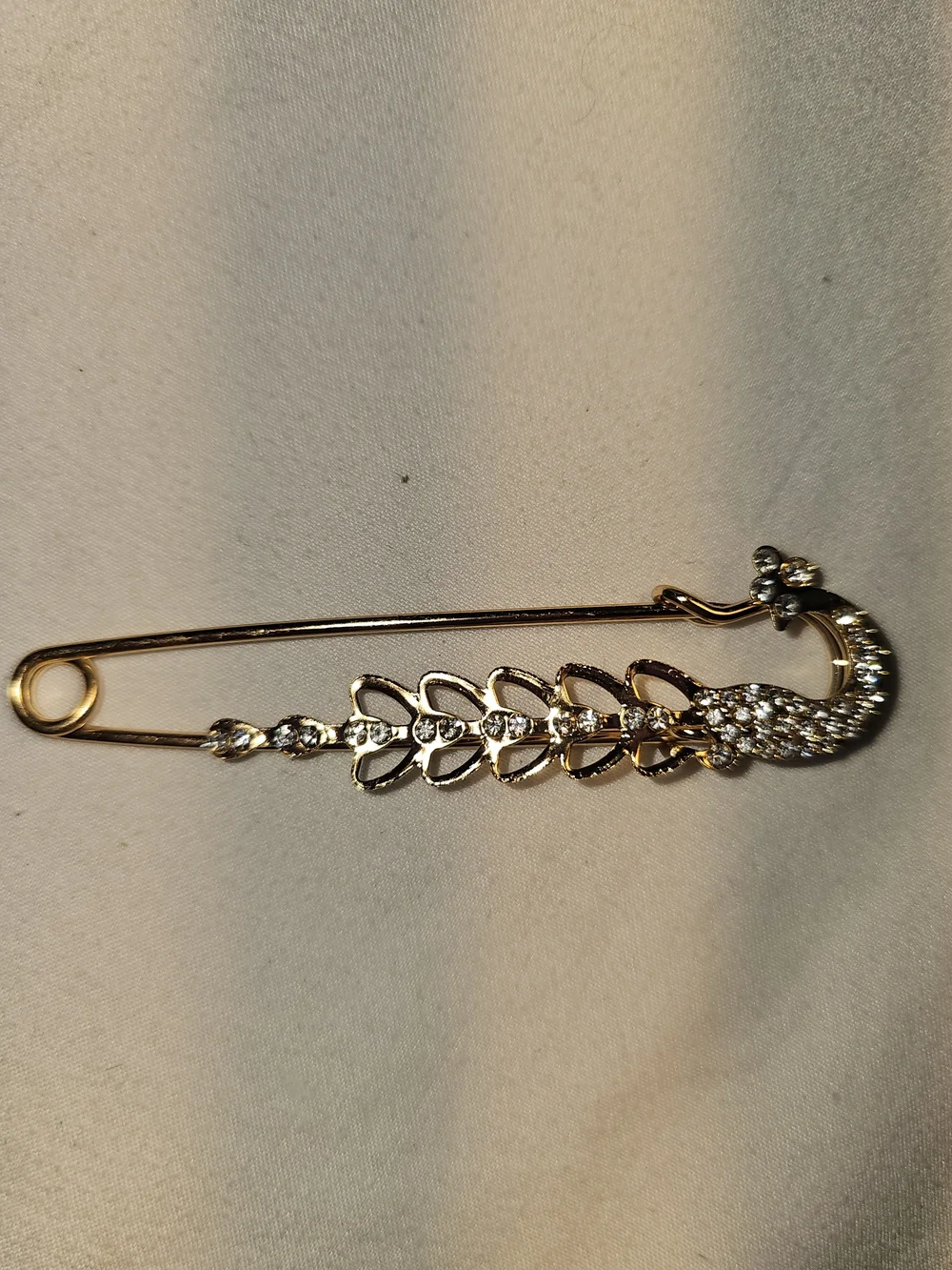 Gold Tone Rhinestone Peacock Safety Style Pin Brooch Statement Jewelry